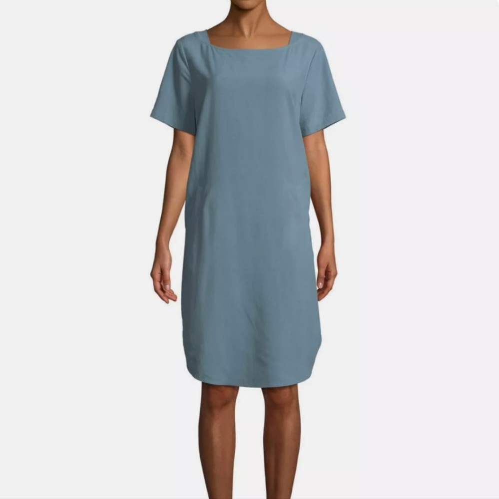 Eileen Fisher Dusty Blue Square Neck Short Sleeve Shift Dress